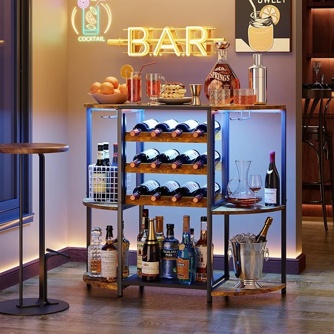 JKsmart Small Wine Bar Cart with LED Lights, Mini Wine Rack with Storage and Glass Holder, Home Bar Cart for Liquor, 3-Tier Bar Table for Kitchen, Dining Room, Living Room, Rustic Brown