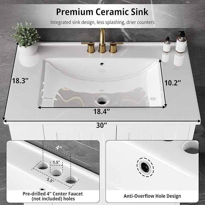 IRONCK Bathroom Vanity with Ceramic Sink, 30" Bathroom Cabinet, White | Features a Ceramic Sink, 3 Doors, 1 Drawer and Flexible Side Storage for Organized Bathroom Storage