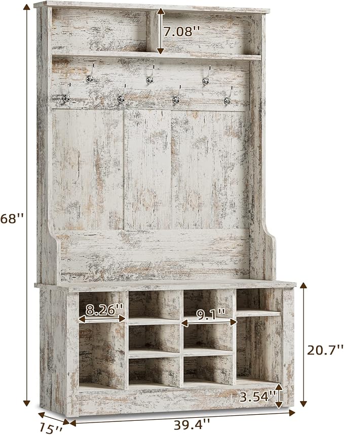 Itaar Hall Tree, Storage Bench, Shoe Rack for Entryway, Hall Tree with Bench and Adjustable Shoe Storage, Vintage White