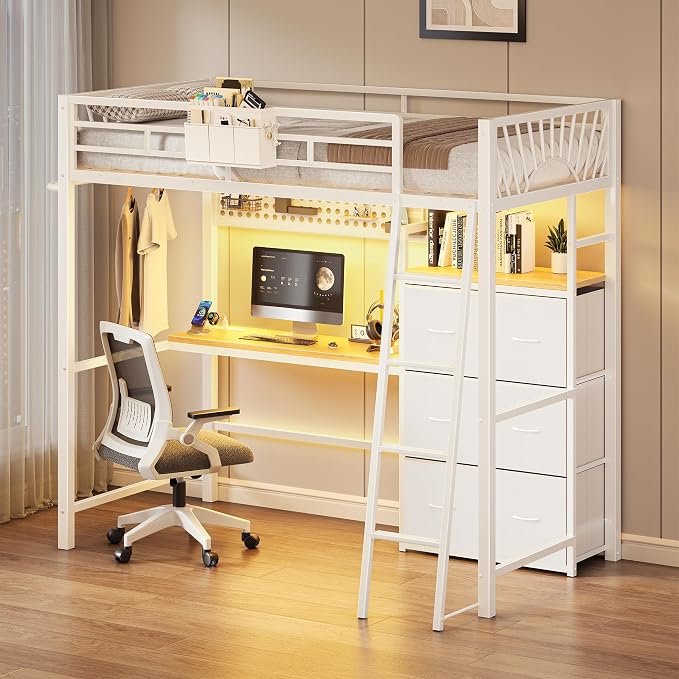 Decofy White Twin Loft Bed with Desk and 6 Storage Drawers, Metal Twin Size Loft Beds with Charging Station, RGB LED Lights, and Pegboard & Hanging Rod for Kids, Teenager (White)