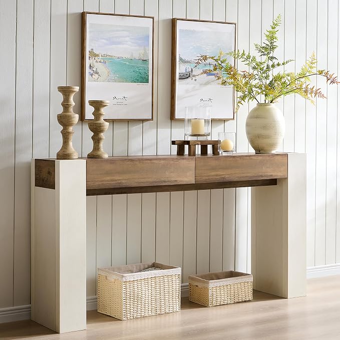 OKD 63" Console Table with Drawers, Thick Block Entryway Table, White