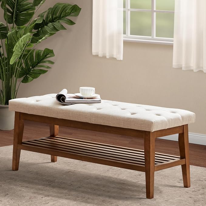 HUIMO Upholstered Entryway Shoe Bench, Button Tufted End of Bed Bench,Beige