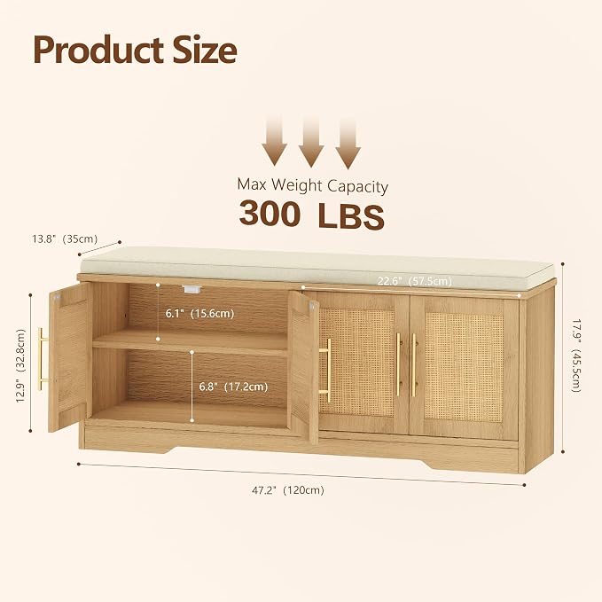 Rattan Shoe Storage Bench, 47.2" Wide Entryway Bench, Natural Oak