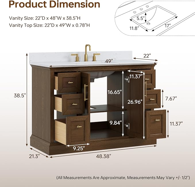 48 Inch Bathroom Vanity with Sink, Solid Wood, Walnut | Fully Assembled Freestanding Bathroom Vanity, Soft Close Parquet Doors & Dovetail Drawers, Vanity for Bathroom Renovation