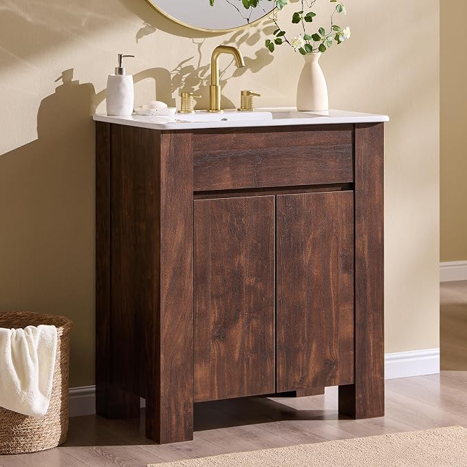 T4TREAM 30 Inch Bathroom Vanity with Sink, Modern Single Sink Bathroom Vanity, Small Bathroom Cabinet with Handle-Free Design, Dark Walnut
