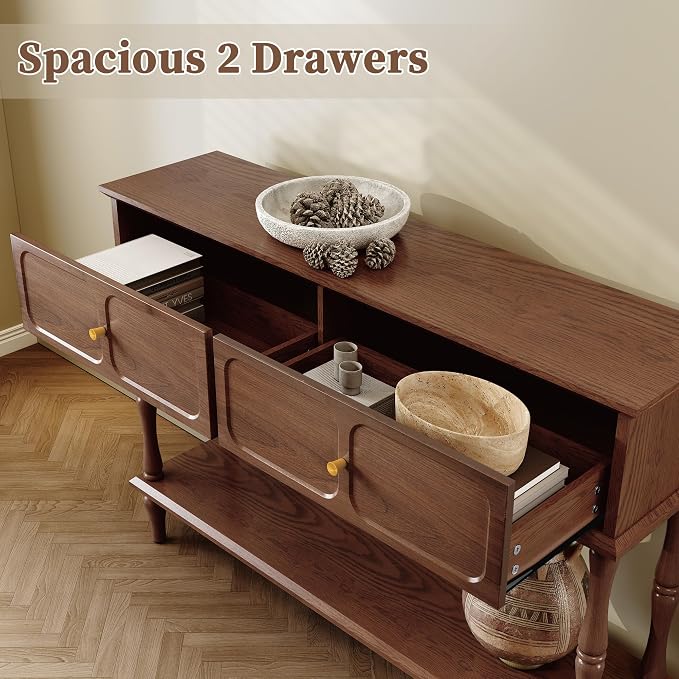 ARTPOWER 47" Mid-Century Console Table, 2 Drawers and Open Shelf, Brown