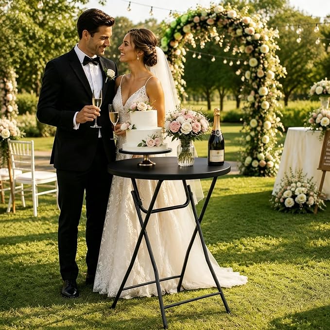 Folding Height Cocktail Table with Metal Legs 32'' Round Top for Small Spaces Bar Wedding Party Indoor Outdoor Use, Black
