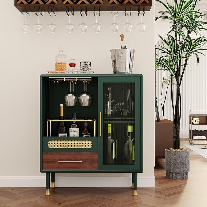 ARTPOWER Modern Coffee Bar Cabinet with Pull-Out Wine Storage, Green