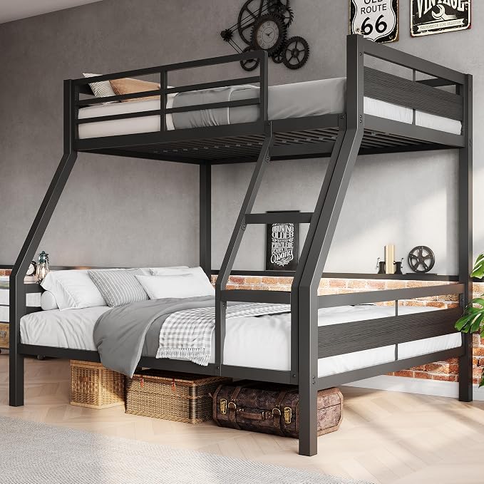 Feonase Metal Bunk Bed Twin Over Full with Ladder and High Guardrail, Heavy-Duty Metal Slats Support, Noise Free, No Box Spring Needed, for Kids and Juniors, Black
