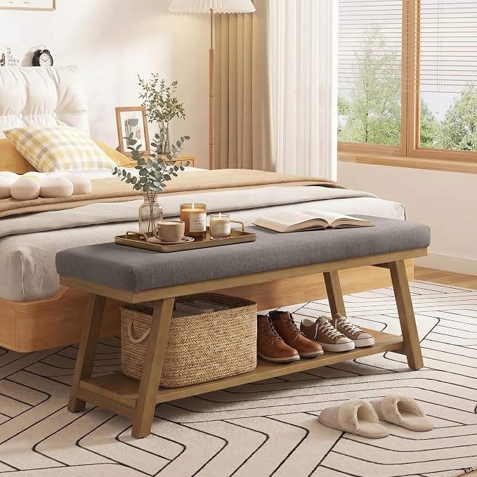 Zihanhome 45" Entryway Bench Upholstered Storage Bench for Bedroom(Grey)