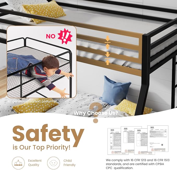 SHA CERLIN Bunk Bed Twin Over Full Size with Ladder and Guardrail,Black