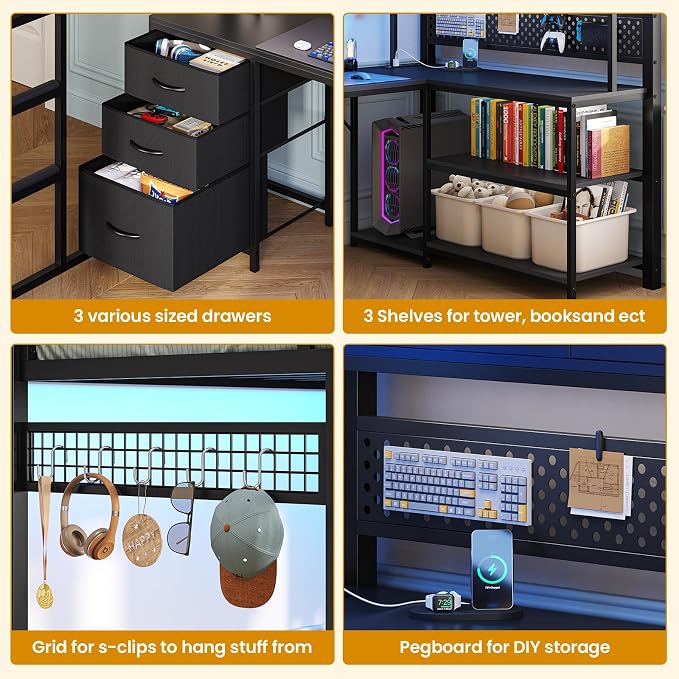 ADORNEVE Twin Size Loft Bed with Gaming Desk, RGB Hutch, Black