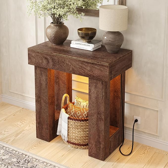 Unikito 32" Entry Table with Sensor Light and Power Outlets, Rustic Oak