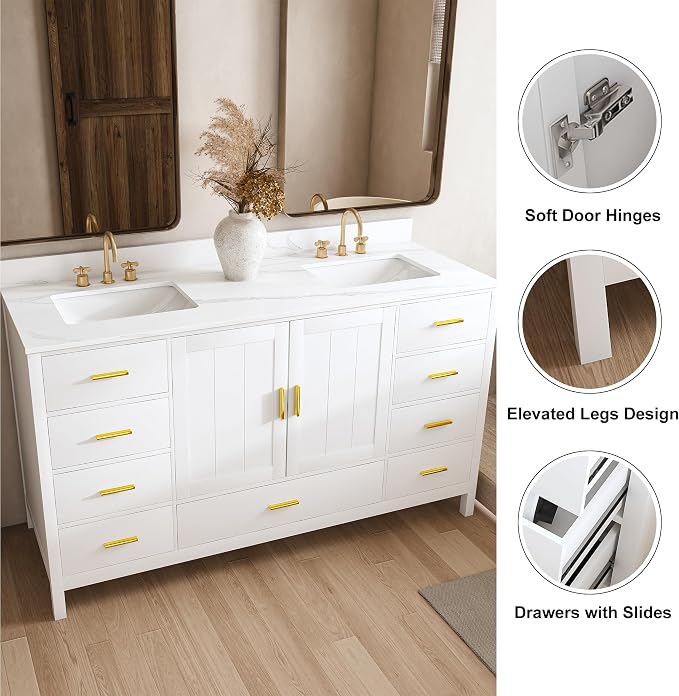 Montary 60" Bathroom Vanity with 2 Sinks & 61" Carrara Quartz Top | with 6 Pre-Drilled Faucet Holes, Solid Wood Cabinet, Soft-Close Double Doors & 9 Smooth-Glide Drawers,White