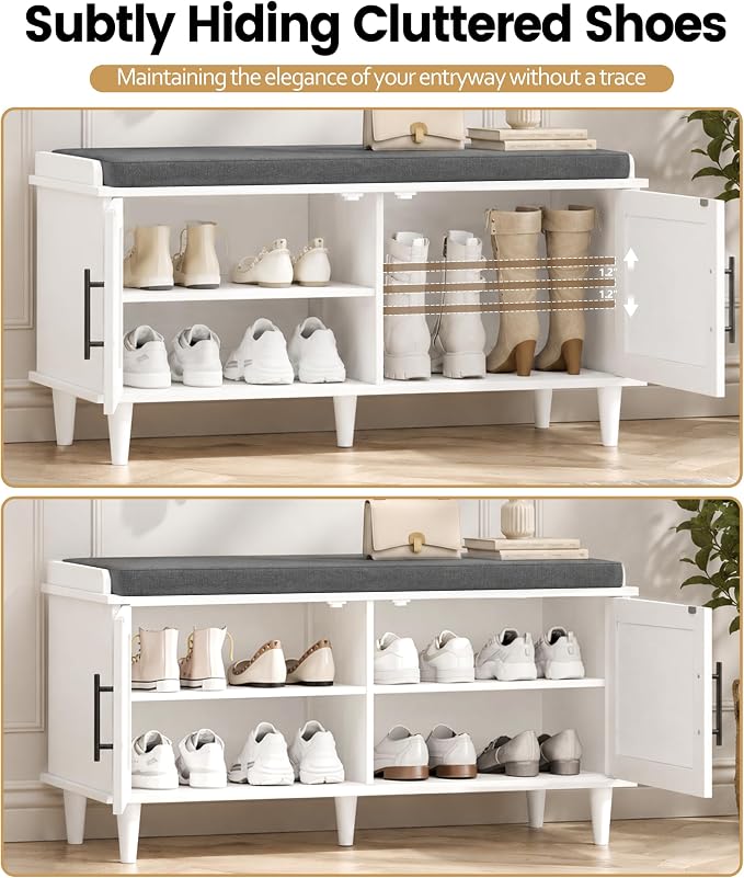 Akxomel 39.4" Rattan Shoe Storage Bench 2 Doors Wooden Entryway Bench White