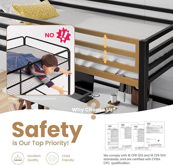 SHA CERLIN Loft Bed Twin Size with Ladder and Guardrail,Black