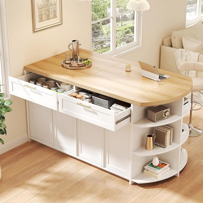 HSH 63 Inch Large Kitchen Island with Storage and Seating, Light Oak