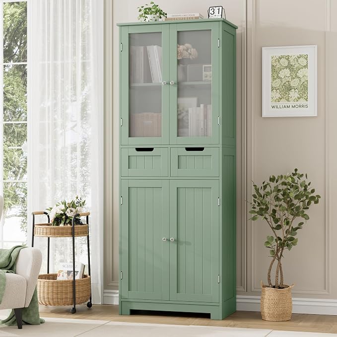 HORSTORS 67" H Bathroom Storage Cabinet, Green Linen Cabinet with Drawers | Freestanding Bathroom Cabinet with Glass Door & Shelf, Modern Tall Storage Cabinet for Bathroom, Living Dining Room, Kitchen
