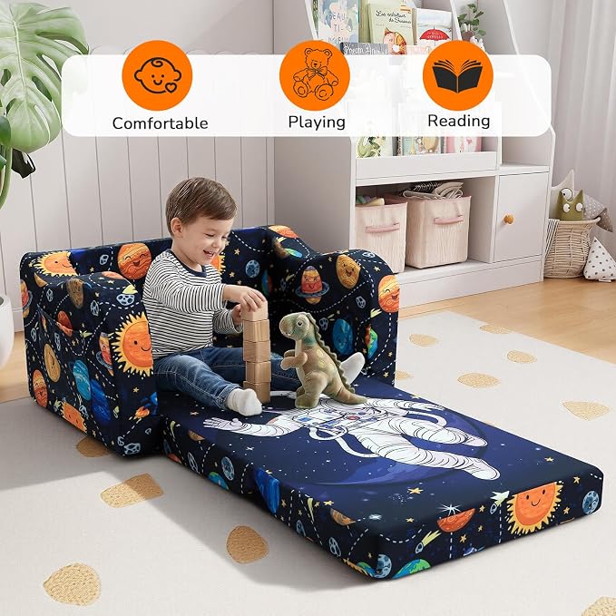 MeMoreCool Kids Couch, 2-in-1 Fold Out Sofa Armchair, Astronaut Print, Foam