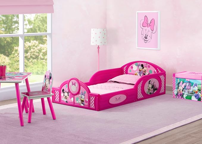 Delta Children Disney Minnie Mouse 4-Piece Toddler Room-in-a-Box Set – Includes Sleep and Play Toddler Bed, Table, 1 Chair and Toy Box, Pink