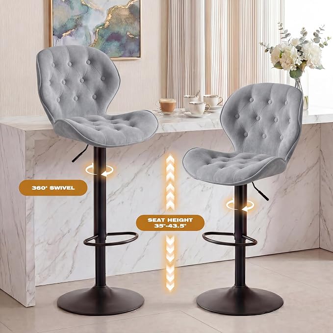 GRUSIGN Bar Stools Set of 4, Modern Swivel Adjustable Bar Chairs, Chenille Fabric Upholstered Counter Height Bar Stools with Backrest, Comfort Barstools for Kitchen Island, Home Bar, Grey