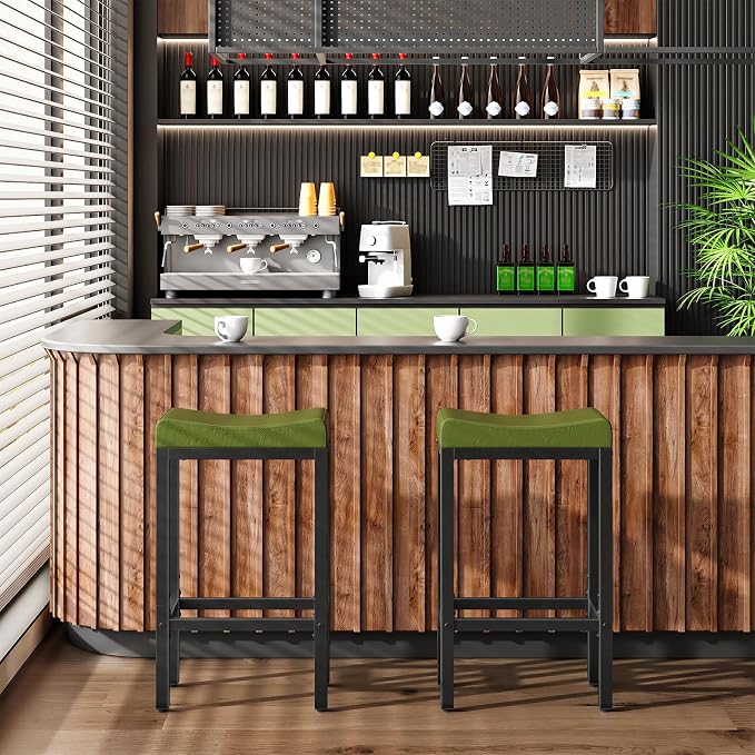 HOOBRO Bar Stools, Set of 2 Bar Chairs, Counter Height Stools, Saddle Barstools with Curved Surface, 24.8 Inches, 2.4" Thick Upholstery, for Kitchen, Dining Room, Cafe Forest Green and Black JB10BY01