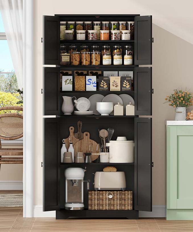 Tall Bathroom Storage Cabinet, 63" H Linen Floor Cabinet | Pantry Storage Cabinet with 6 Doors and Adjustable Shelves, for Bathroom, Living Room, Laundry Room, Kitchen, Black