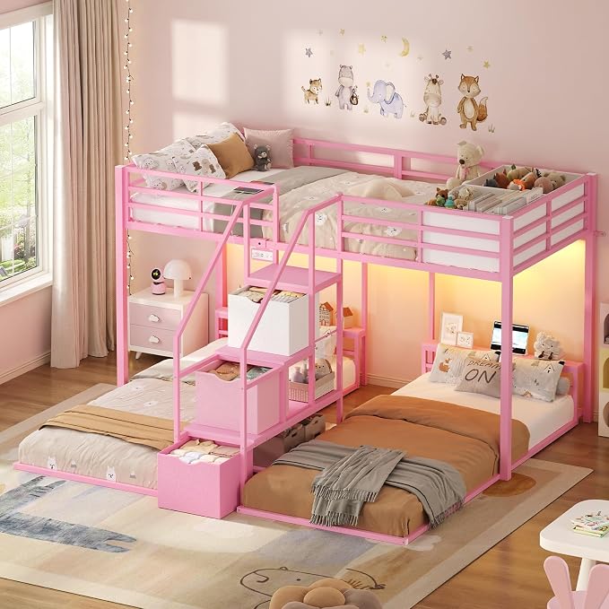 ADORNEVE Triple Bunk Bed Twin Over Twin with Storage Staircase, Pink