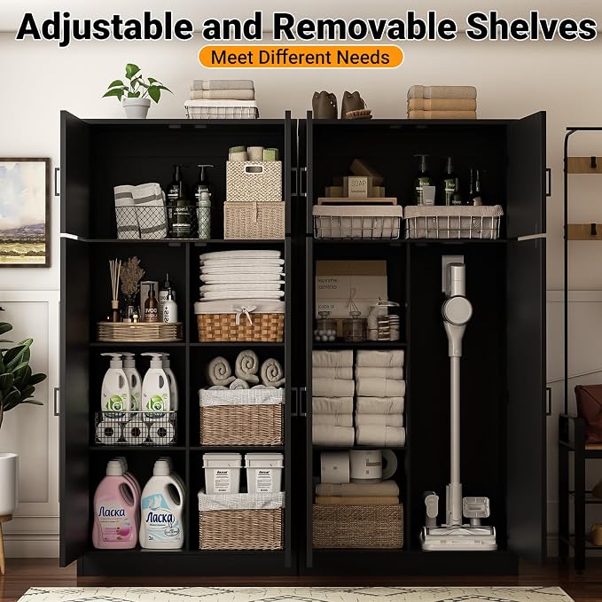 Unikito 71” Kitchen Pantry Storage Cabinet with Adjustable Shelves, 2 Pack | Large Farmhouse Storage Cupboard, Barn Doors, Sturdy and Deep, Versatile for Dinning Room, Living Room, Bathroom, Black