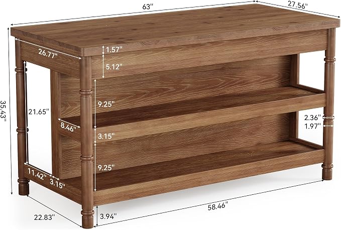 63" Solid Wood Kitchen Island Table with Storage & Seating