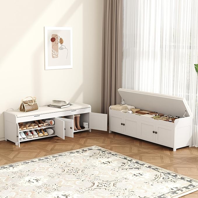 HOMEFORT 54.4" Shoe Bench with Lift Top Storage, Entryway Bench with Cushioned Seat, Wooden End of Bed Bench, Shoe Cabinet Bench with Hidden Storage Space, for Bedroom, Hallway,White