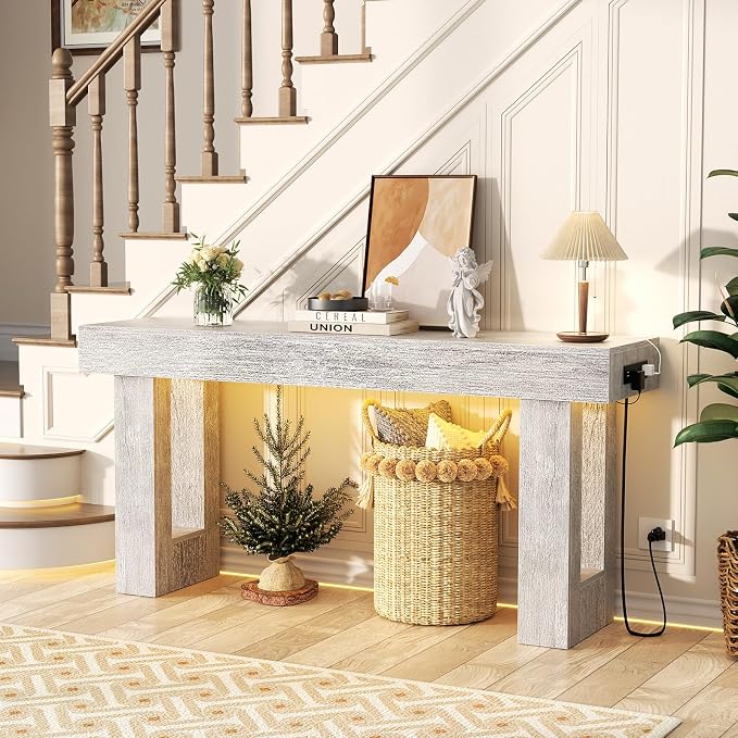 Unikito 63" Console Table with Sensor Light and Oulets, White Oak