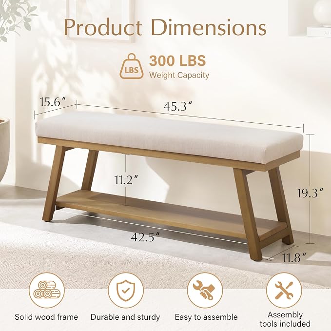 Zihanhome 45" Entryway Bench Upholstered Storage Bench for Bedroom(Beige)