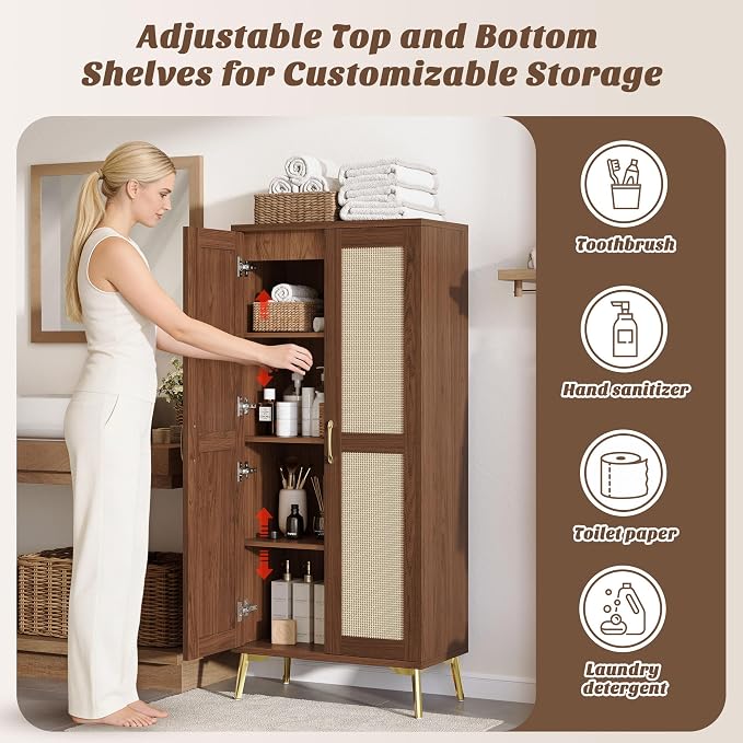 JASIWAY Tall Bathroom Storage Cabinet 57" Rattan Pantry Cabinet, Walnut | With Doors and Adjustable Shelves, Freestanding Linen Closet & Wardrobe for Bathroom Laundry Bedroom, Anti-Tipping Device