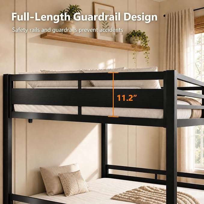 Feonase Metal Bunk Bed Full Over Full with Ladder and High Guardrail, Heavy-Duty Metal Slats Support, Noise Free, No Box Spring Needed, for Kids and Juniors, Black