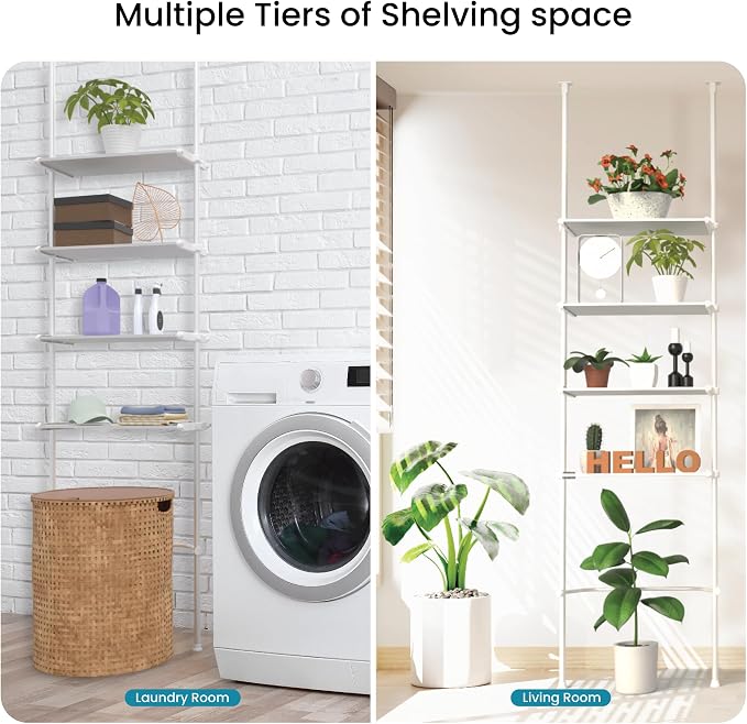Home Zone Living Over-the-Toilet Organizer Bathroom Storage Organizer | Tension-Mounted Design with Adjustable 4-Tier Shelves, for Ceilings 91" to 114" High, White