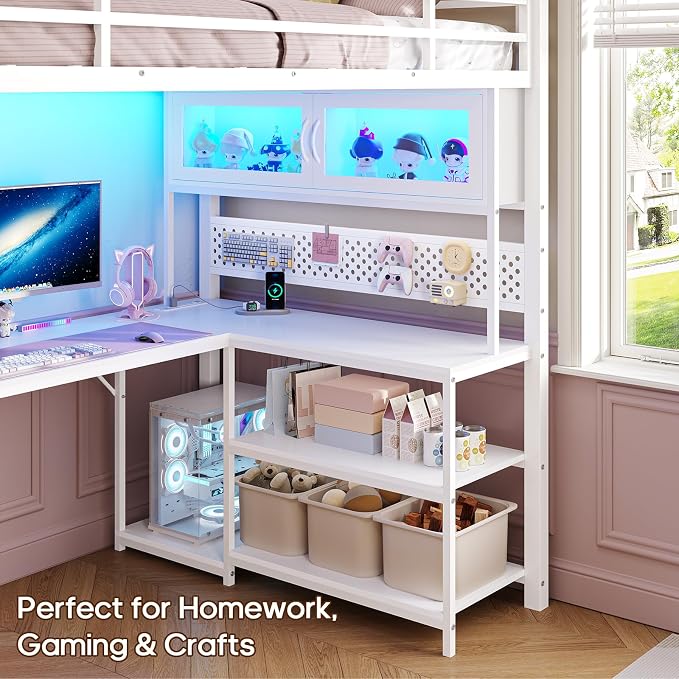 ADORNEVE Gaming Loft Bed Twin with Desk & RGB Arcylic Hutch, White