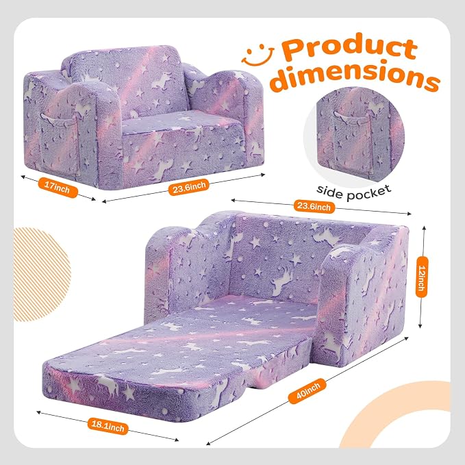 MeMoreCool Kids Couch, Glow Dark Purple Unicorn Fold Out Sofa Chair, Girls