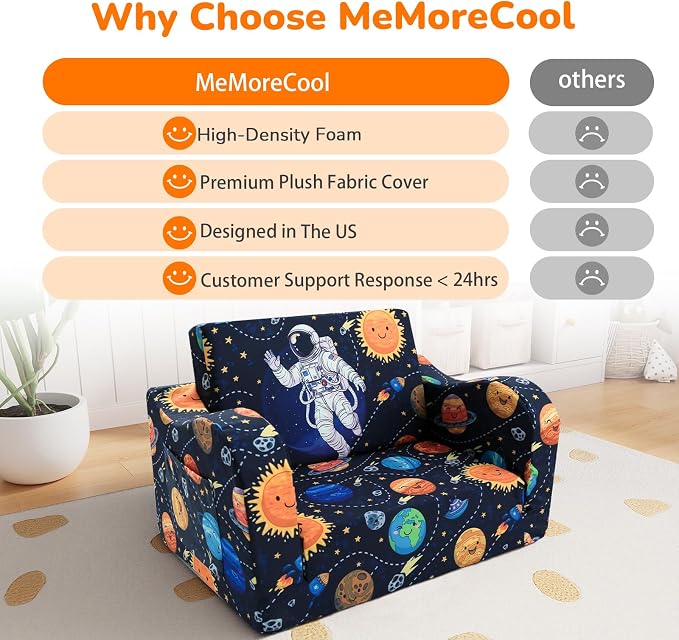 MeMoreCool Kids Couch, 2-in-1 Fold Out Sofa Armchair, Astronaut Print, Foam