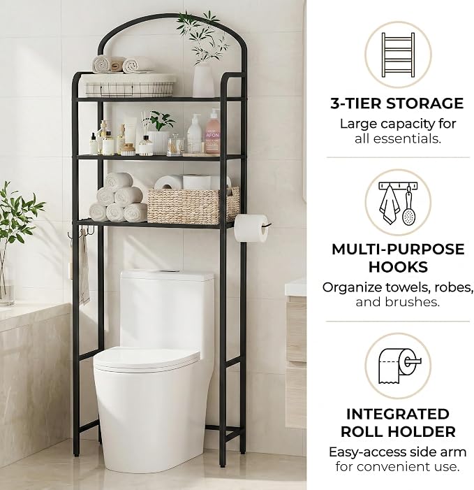3 Tier Over The Toilet Storage Rack, Bathroom Organizer | Toilet Storage with 4 Hooks & Paper Holder, Space-Saving, Freestanding Bathroom Shelf, Metal, Black