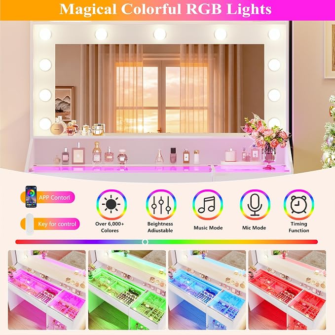 HUAHUU Vanity Desk with Mirror & RGB Lights, White Makeup Vanity Table with 2 Transparent Top Large Drawers & RGB Cabinet, Vanity Desk with LED Lighted Mirror 3 Colors, Power Outlets, Flip-up Drawer