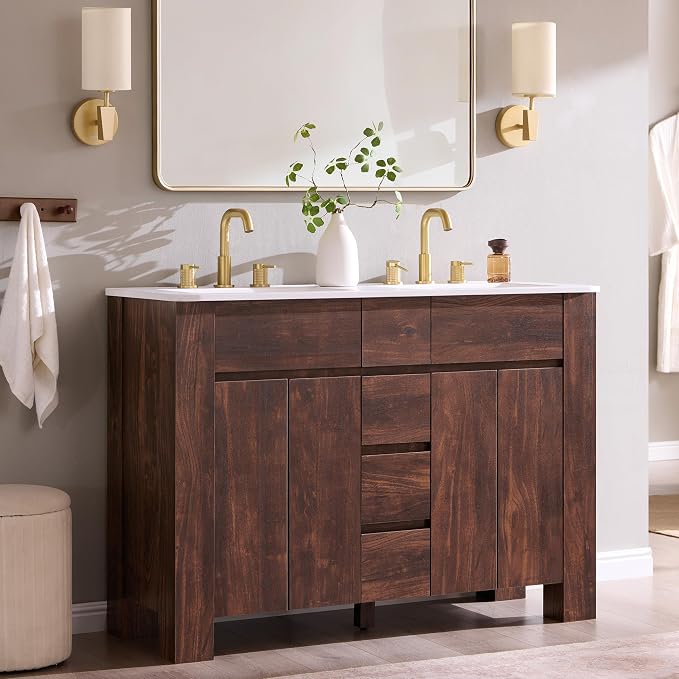 T4TREAM 48 Inch Modern Bathroom Vanity with Double Sink, Dark Walnut | Integrated Resin Sink, 4 Soft-Close Doors & 3 Drawers, Handle-Free Design, Thick Heavy-Duty Legs, Walnut Grain Finish
