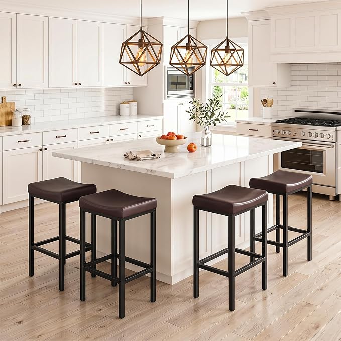HOOBRO Bar Chairs, Set of 4 Counter Height Saddle Stools with Curved Surface, 24.8 Inches, 2.4" Thick Upholstery, for Kitchen and Dining Room, Brown and Black BC10BYP401
