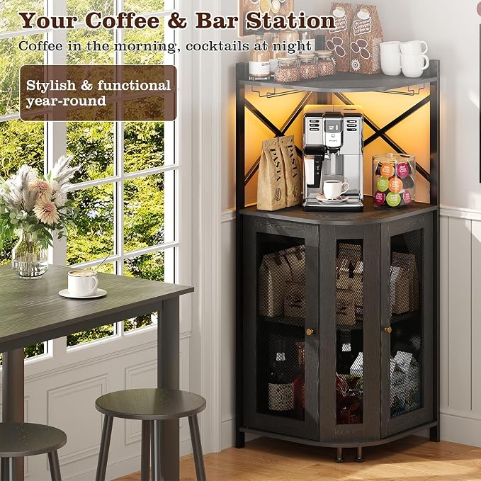 JKsmart 4-Tier Corner Bar Cabinet with LED Light and Glass Holder, Mini Bar