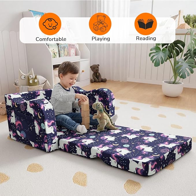 MeMoreCool Kids Couch, Purple Unicorn Fold Out Sofa, Side Pocket, Washable