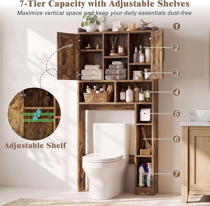Farmhouse Over The Toilet Storage Cabinet with Barn Door, Reversible Side | 7-Tier Bathroom Organizer, Adjustable Shelves Bottom Bar, Detachable Paper Holder, Anti-Tipping, Laundry Room, Rustic Brown