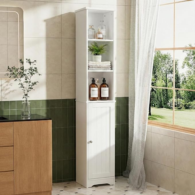 Bonnlo Narrow Cabinet, 67" Tall Slim Bathroom Storage Cabinet 12" Wide White Skinny Linen Cabinet with 3 Open Shelves Single Door Adjustable Shelf Space Saving Corner Pantry