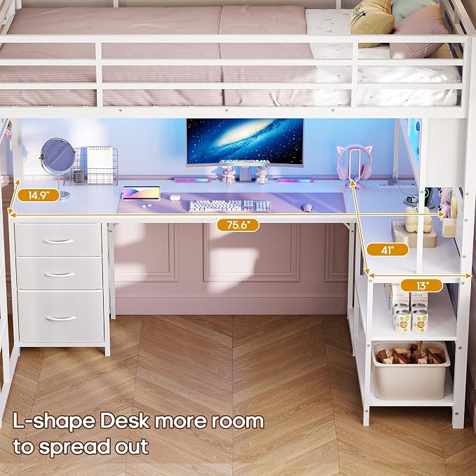 ADORNEVE Gaming Loft Bed Twin with Desk & RGB Arcylic Hutch, White
