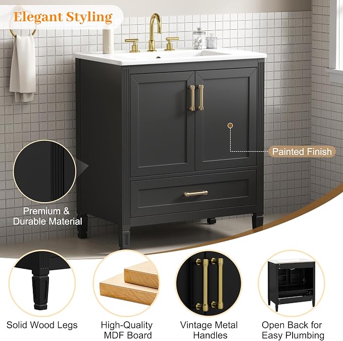 Merax 30" Bathroom Vanity with Undermount Ceramic Sink, Cabinet with Two Door Rack Shelves and One Drawer, Soft Closing Doors, Black