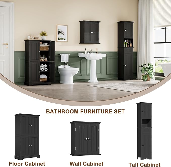 ChooChoo Bathroom Floor Cabinet with Adjustable Shelves | Bathroom Storage Cabinet, 4 Doors, Freestanding Cupboard for Living Room, Black